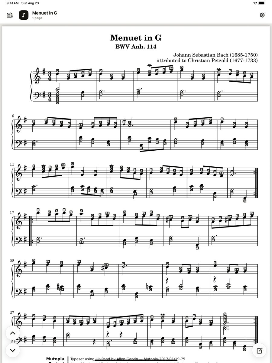 Bach's Menuet in G with a letter name printed above every note