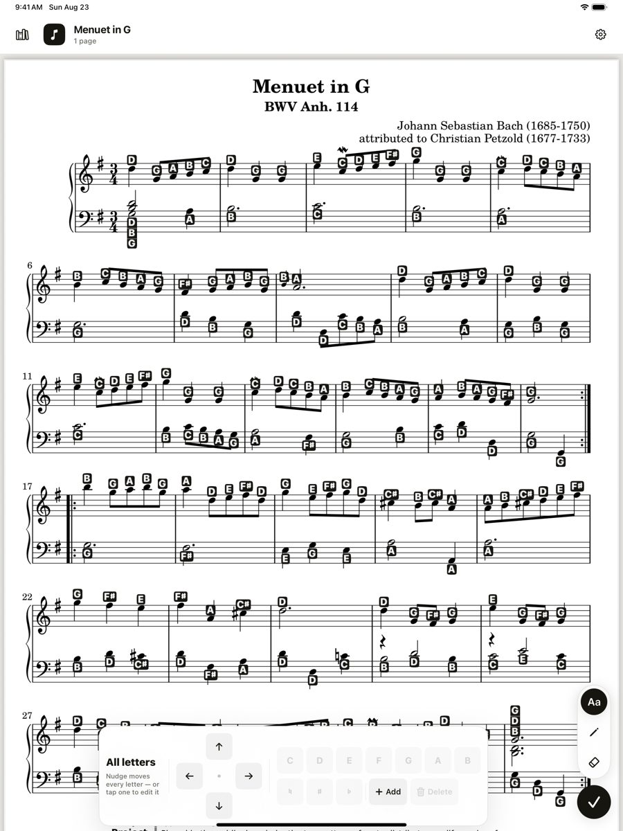 Editing a note's letter on the score