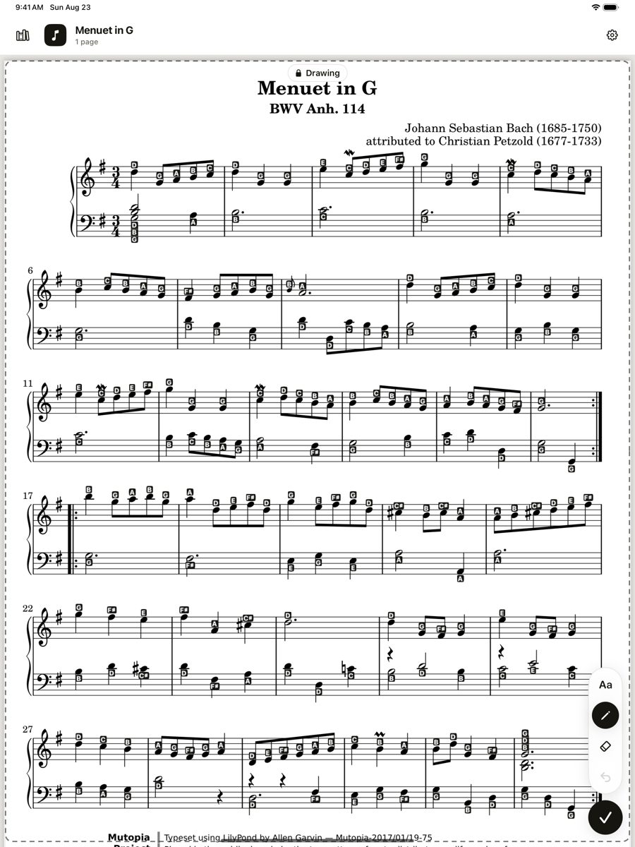 Handwritten fingering numbers drawn on the score